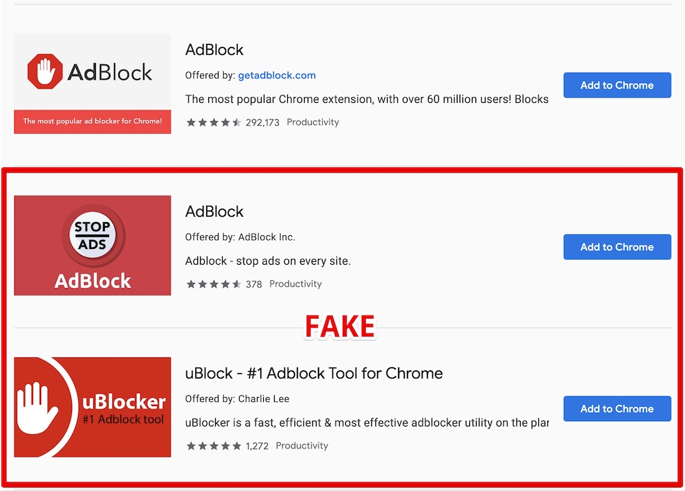 fake blockers chrome store